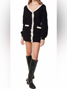 Lost + Wander Black Sweater Dress with Cream Trim